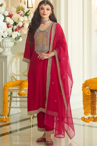 Women Ethnic Motifs Embroidered Regular Thread Work Kurta with Trousers & With Dupatta