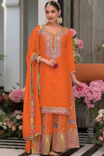 Women Embroidered Regular Sequinned Kurta with Palazzos & With Dupatta