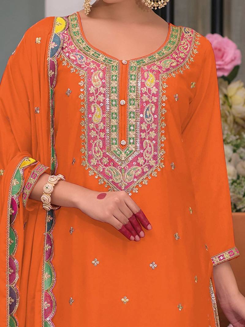 Women Embroidered Regular Sequinned Kurta with Palazzos & With Dupatta