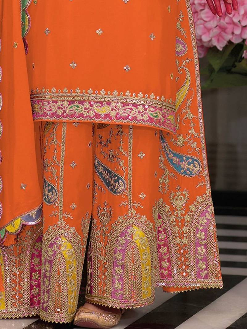 Women Embroidered Regular Sequinned Kurta with Palazzos & With Dupatta