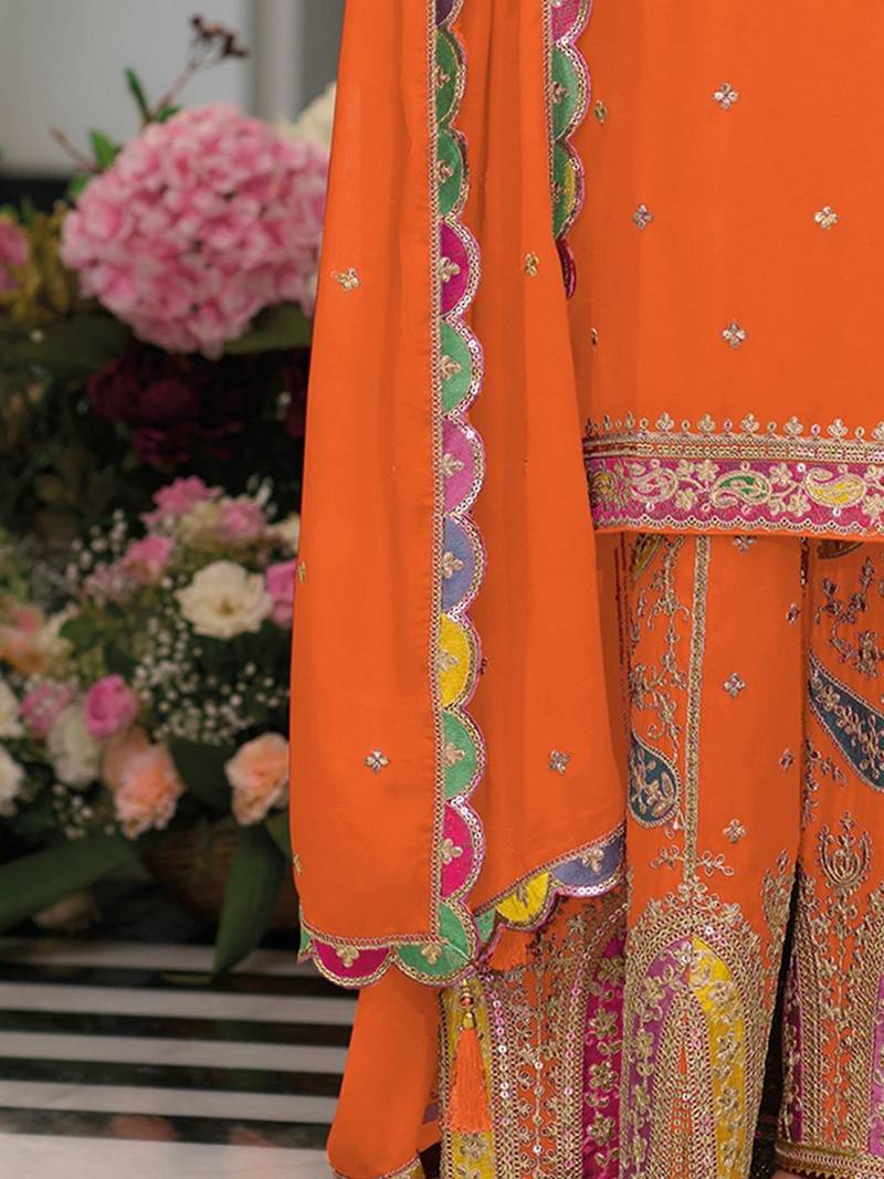 Women Embroidered Regular Sequinned Kurta with Palazzos & With Dupatta