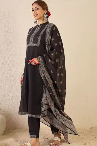 Women Ethnic Motifs Embroidered Regular Thread Work Pure Cotton Kurta with Trousers & With Dupatta