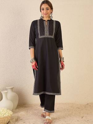 Women Ethnic Motifs Embroidered Regular Thread Work Pure Cotton Kurta with Trousers & With Dupatta 4