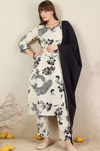 Women Floral Printed Regular Pure Cotton Kurta with Trousers & With Dupatta
