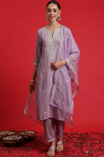 Women Ethnic Motifs Embroidered Regular Thread Work Kurta with Trousers & With Dupatta