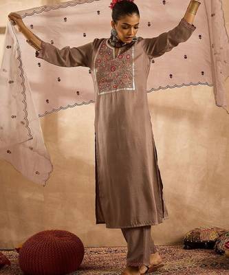 Women Ethnic Motifs Embroidered Regular Thread Work Kurta with Trousers & With Dupatta 1