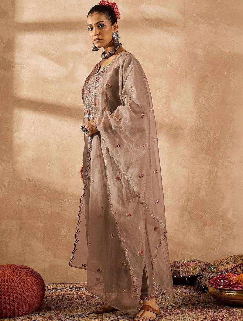Women Ethnic Motifs Embroidered Regular Thread Work Kurta with Trousers & With Dupatta