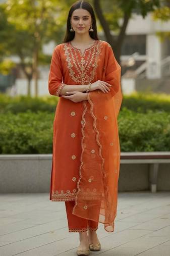 Women Ethnic Motifs Embroidered Regular Kurta with Trousers & With Dupatta