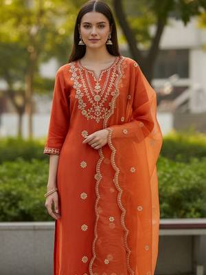 Women Ethnic Motifs Embroidered Regular Kurta with Trousers & With Dupatta 4
