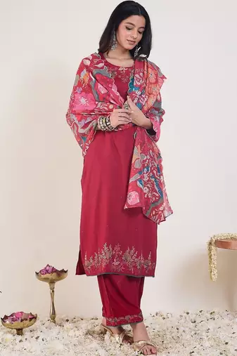 Women Floral Embroidered Regular Thread Work Kurta with Palazzos & With Dupatta