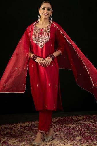 Women Ethnic Motifs Embroidered Regular Sequinned Liva Kurta with Trousers & With Dupatta