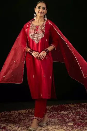 Women Ethnic Motifs Embroidered Regular Sequinned Liva Kurta with Trousers & With Dupatta