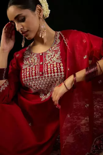 Women Ethnic Motifs Embroidered Regular Sequinned Liva Kurta with Trousers & With Dupatta
