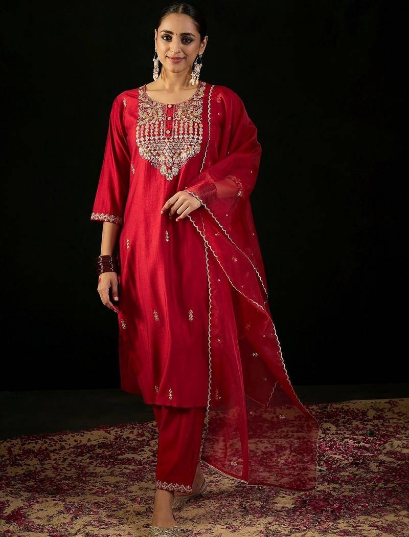 Women Ethnic Motifs Embroidered Regular Sequinned Liva Kurta with Trousers & With Dupatta