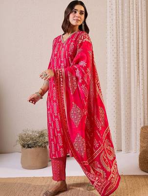 Women Ethnic Motifs Printed Regular Thread Work Chanderi Silk Kurta with Trousers & With Dupatta 1