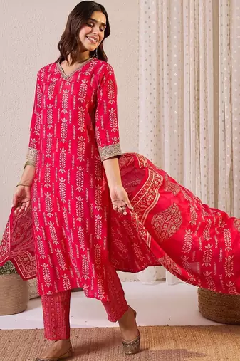 Women Ethnic Motifs Printed Regular Thread Work Chanderi Silk Kurta with Trousers & With Dupatta