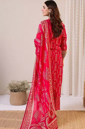 Women Ethnic Motifs Printed Regular Thread Work Chanderi Silk Kurta with Trousers & With Dupatta
