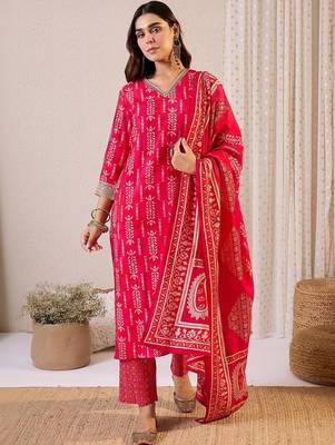Women Ethnic Motifs Printed Regular Thread Work Chanderi Silk Kurta with Trousers & With Dupatta 6