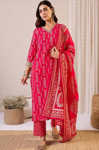 Women Ethnic Motifs Printed Regular Thread Work Chanderi Silk Kurta with Trousers & With Dupatta