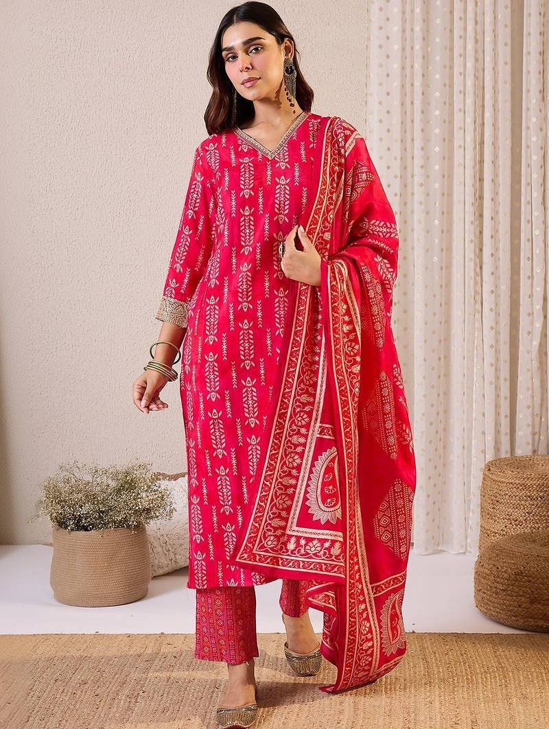 Women Ethnic Motifs Printed Regular Thread Work Chanderi Silk Kurta with Trousers & With Dupatta