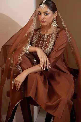 Women Ethnic Motifs Embroidered Regular Liva Kurta with Trousers & With Dupatta