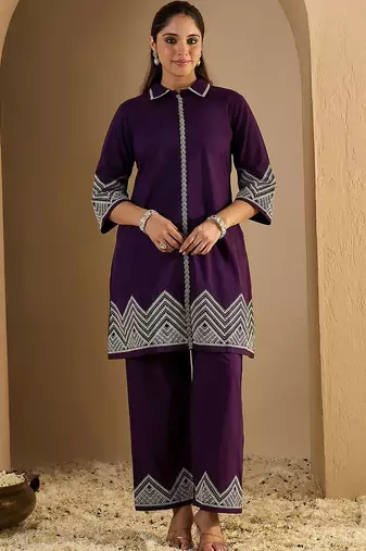 Women Embroidered Regular Thread Work Pure Cotton Kurta with Trousers