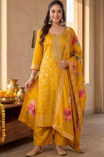 Women Ethnic Motifs Regular Thread Work Kurta with Palazzos & With Dupatta