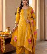 Women Ethnic Motifs Regular Thread Work Kurta with Palazzos & With Dupatta