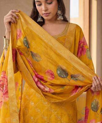 Women Ethnic Motifs Regular Thread Work Kurta with Palazzos & With Dupatta 2