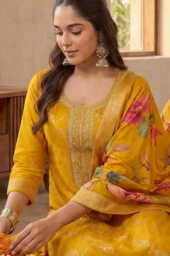 Women Ethnic Motifs Regular Thread Work Kurta with Palazzos & With Dupatta