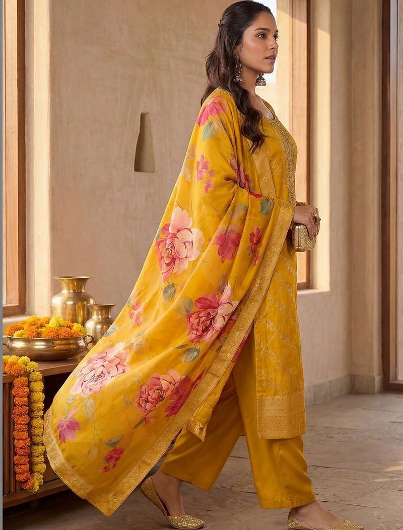 Women Ethnic Motifs Regular Thread Work Kurta with Palazzos & With Dupatta