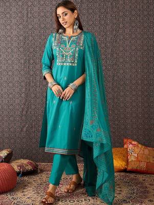 Women Ethnic Motifs Embroidered Regular Thread Work Pure Cotton Kurta with Trousers & With Dupatta 1