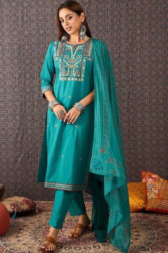Women Ethnic Motifs Embroidered Regular Thread Work Pure Cotton Kurta with Trousers & With Dupatta