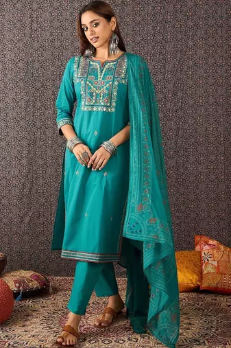 Women Ethnic Motifs Embroidered Regular Thread Work Pure Cotton Kurta with Trousers & With Dupatta