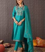 Women Ethnic Motifs Embroidered Regular Thread Work Pure Cotton Kurta with Trousers & With Dupatta