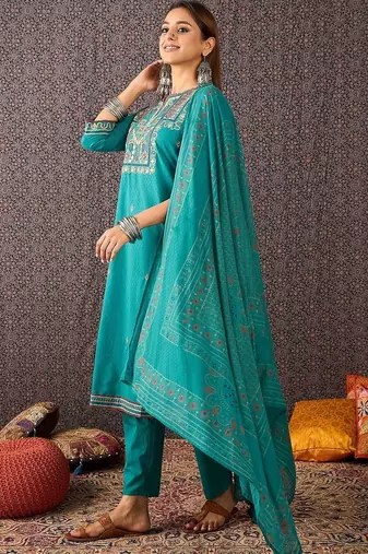 Women Ethnic Motifs Embroidered Regular Thread Work Pure Cotton Kurta with Trousers & With Dupatta