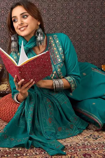 Women Ethnic Motifs Embroidered Regular Thread Work Pure Cotton Kurta with Trousers & With Dupatta