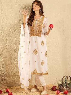 Women Ethnic Motifs Embroidered Regular Thread Work Kurta with Trousers & With Dupatta 1