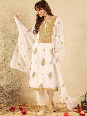 Women Ethnic Motifs Embroidered Regular Thread Work Kurta with Trousers & With Dupatta 4