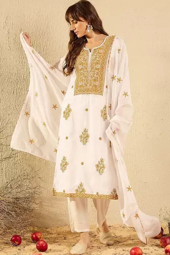 Women Ethnic Motifs Embroidered Regular Thread Work Kurta with Trousers & With Dupatta