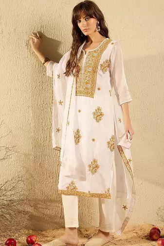 Women Ethnic Motifs Embroidered Regular Thread Work Kurta with Trousers & With Dupatta