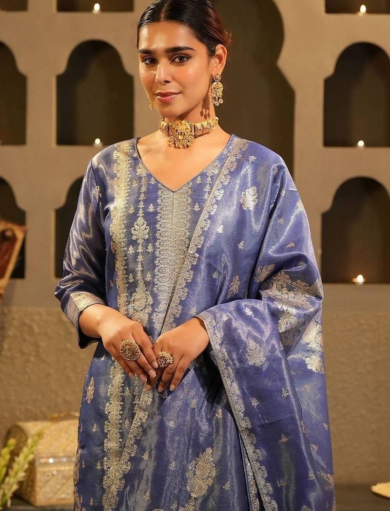 Women Ethnic Motifs Regular Liva Kurta with Trousers & With Dupatta