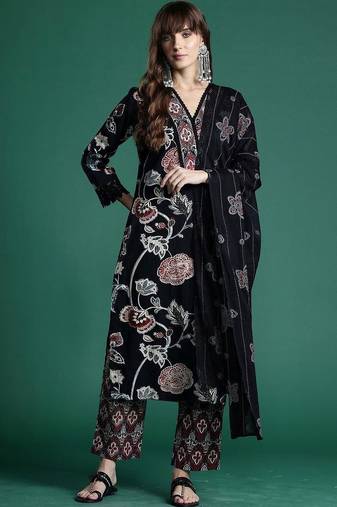 Women Floral Printed Regular Pure Cotton Kurta with Trousers & With Dupatta