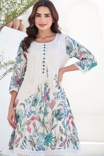 Women Floral Printed Pure Cotton Kurti with Trousers