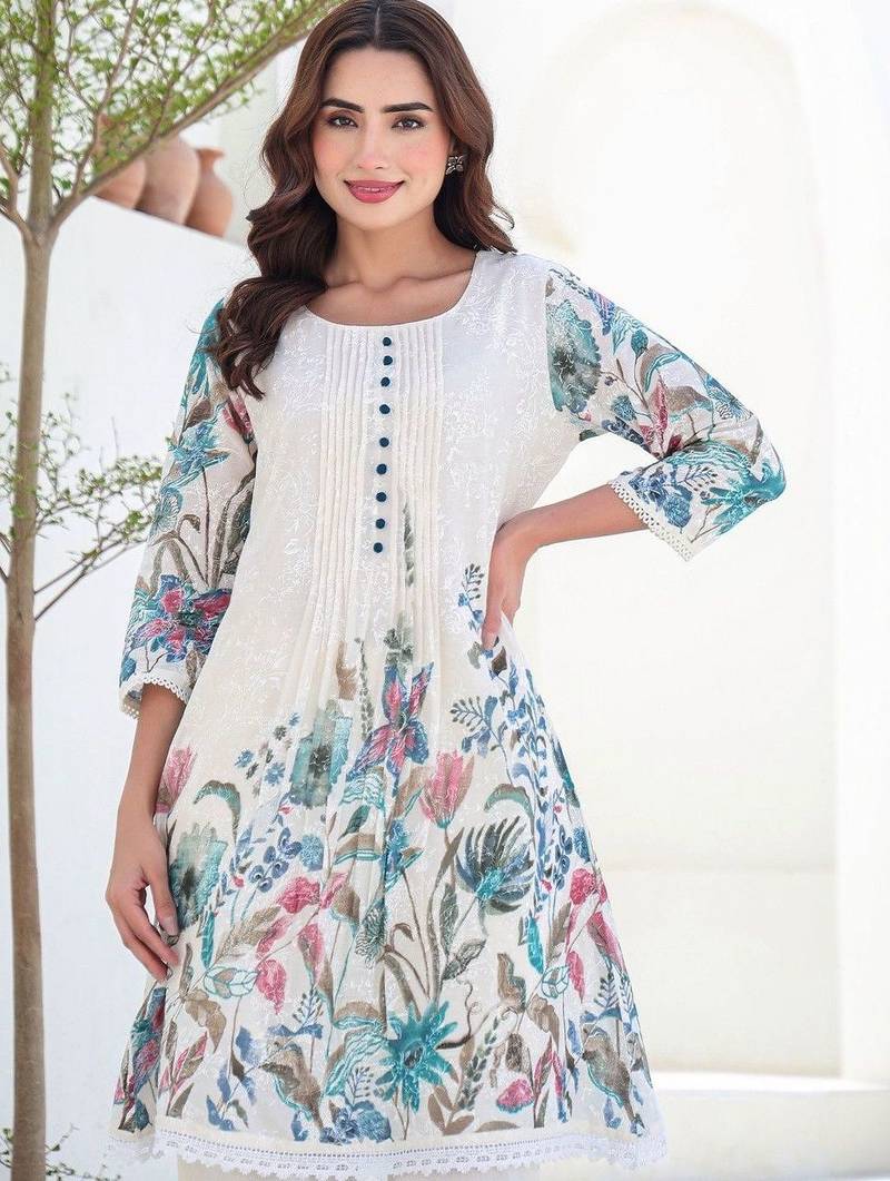 Women Floral Printed Pure Cotton Kurti with Trousers