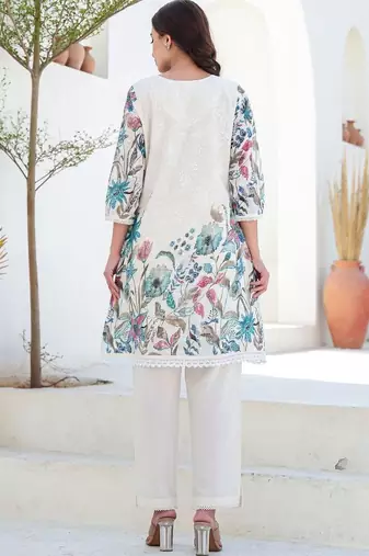 Women Floral Printed Pure Cotton Kurti with Trousers
