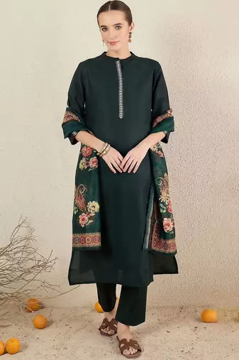 Women Floral Embroidered Regular Thread Work Kurta with Trousers & With Dupatta