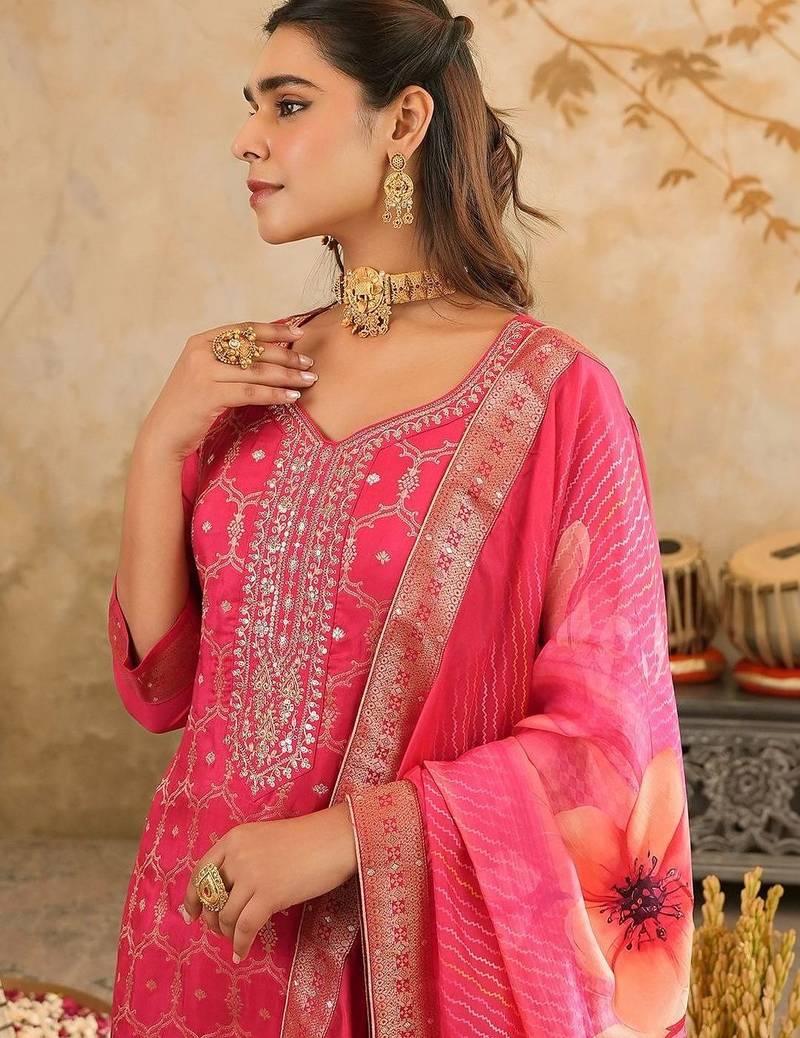 Women Ethnic Motifs Regular Kurta with Trousers & With Dupatta