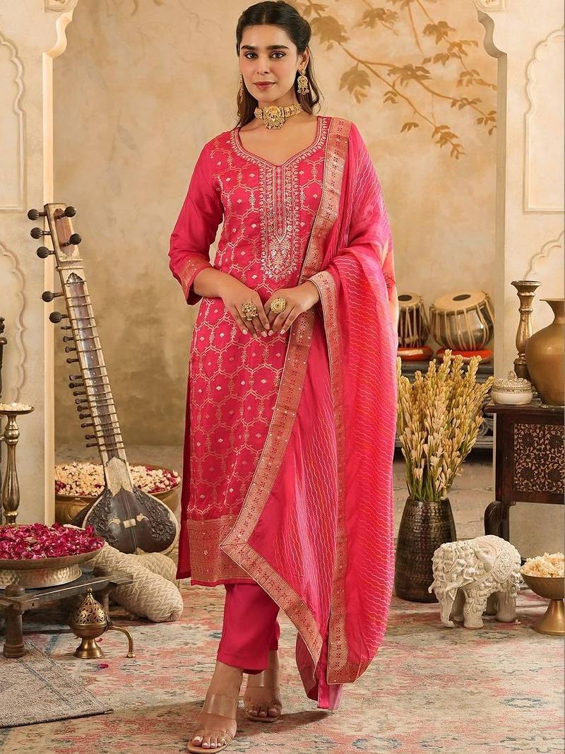 Women Ethnic Motifs Regular Kurta with Trousers & With Dupatta