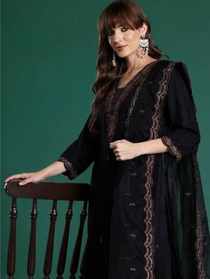 Women Ethnic Motifs Embroidered Regular Thread Work Kurta with Palazzos & With Dupatta 1